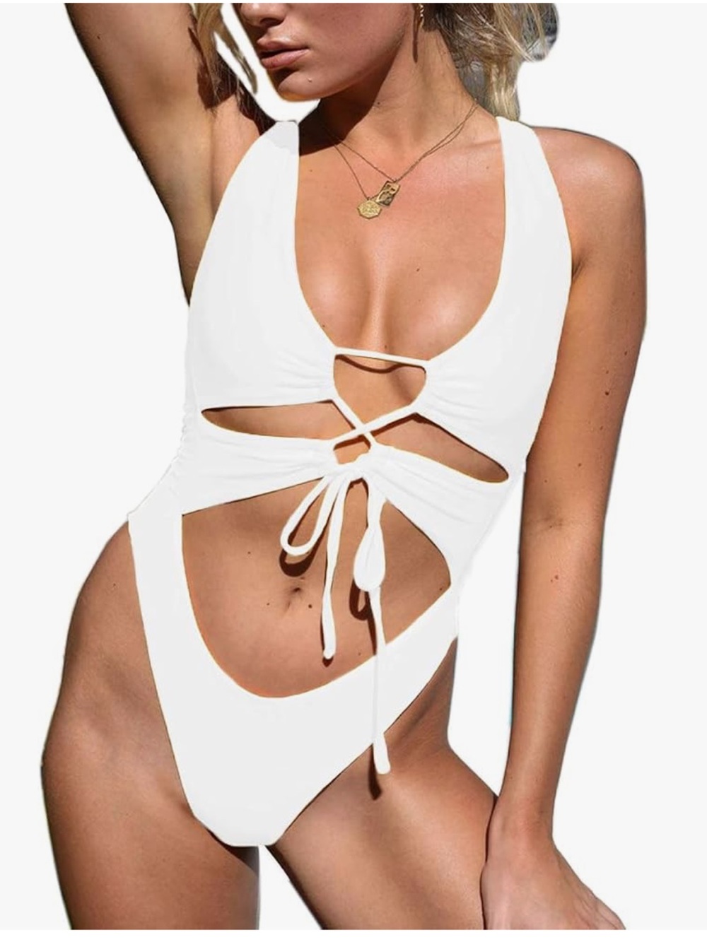 White Tie-Front Cutout One-Piece Swimsuit Small New